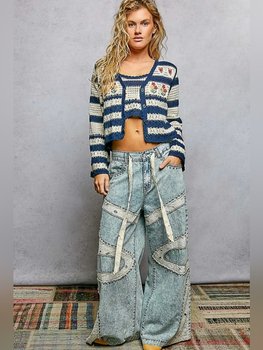 POL Crochet Floral Embroidered Coastal/cottage Core Cardigan Os